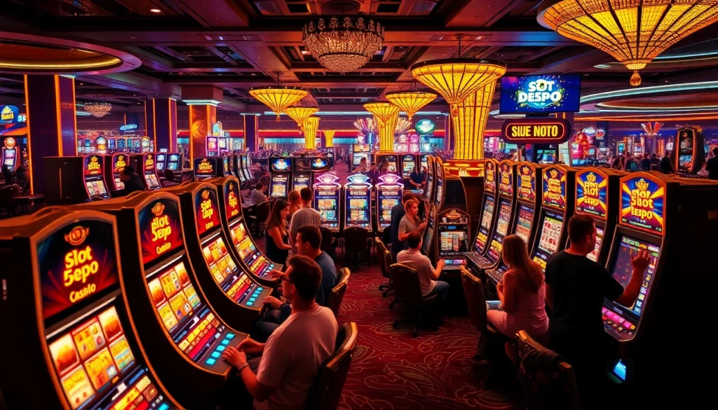 Pemain merasakan kegembiraan saat bermain mesin slot Depo 5rb di kasino yang ramai.