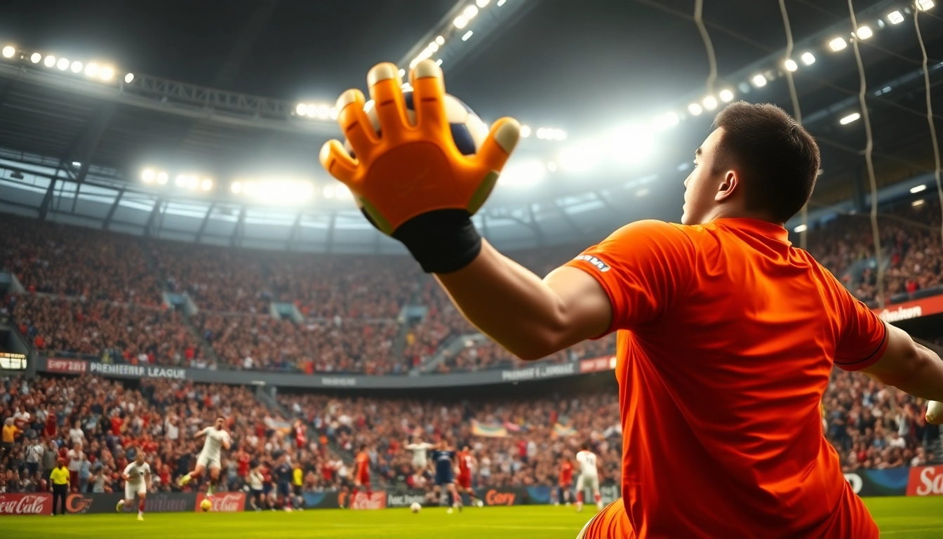 Goalkeeper making a save in a thrilling ผลบอลพรีเมียร์ลีก match, showcasing intense action and energy.