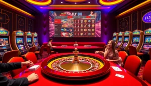 Engaging players at a luxurious FLY 88 casino scene with roulette table and vibrant slot machines.