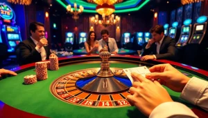 Experience the excitement of link rr88 with players at an elegant casino table, rich with vibrant colors.
