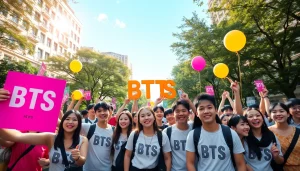 Fans celebrating BTS news in a lively park with colorful banners and BTS merchandise.