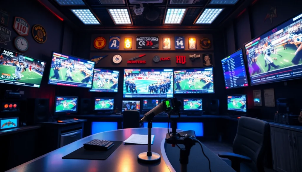 Broadcasting professional presenting live sports broadcasting in a high-tech studio.
