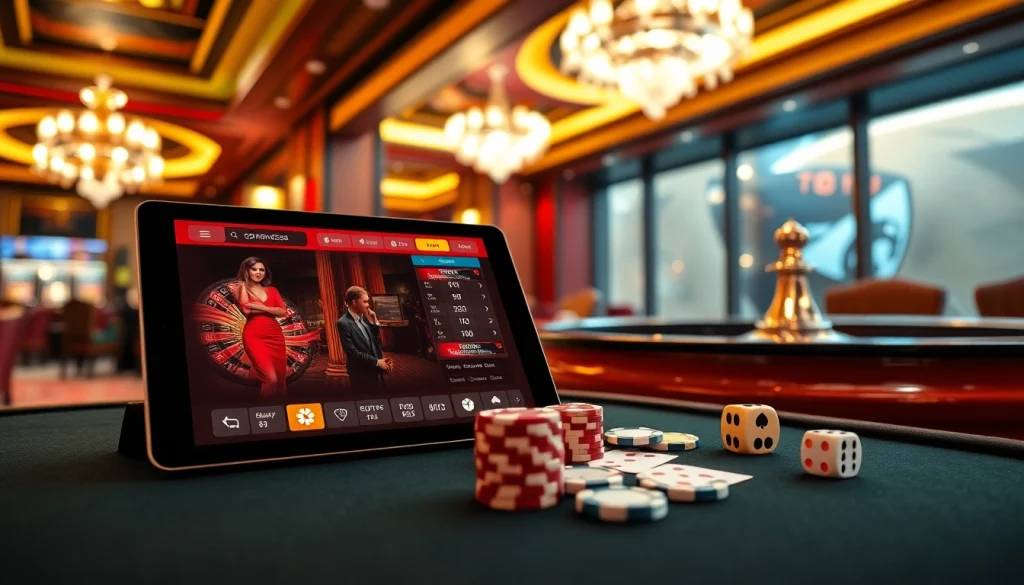 Engage in sbobet online gaming with poker chips and a vibrant gambling interface.