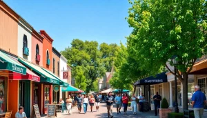 Clarksburg's lively street scene filled with vibrant shops and happy pedestrians.