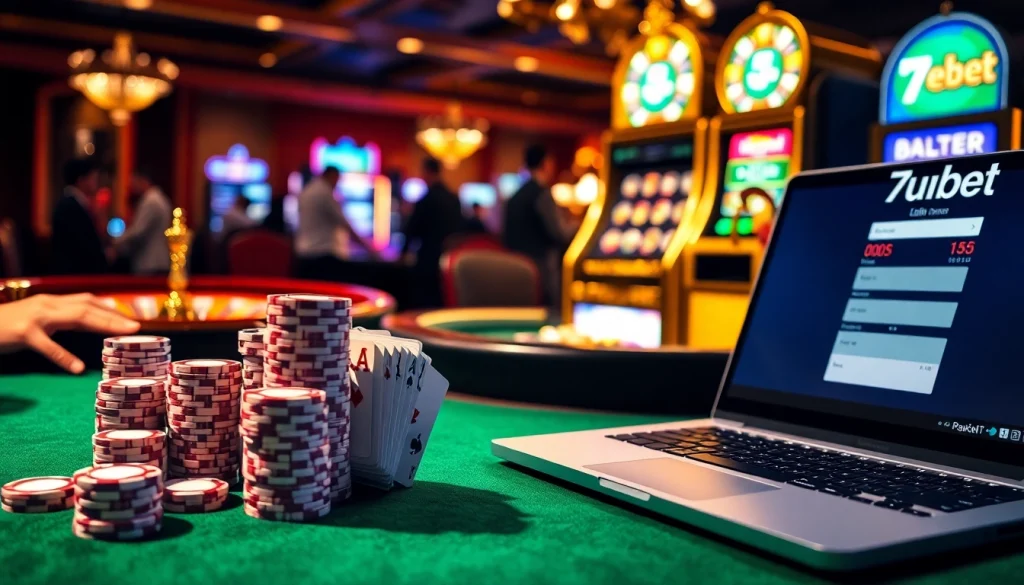 Engaged gambler using the 7upbet login on a laptop amidst a vibrant casino atmosphere.