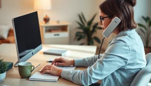 Engaging professional working on part-time sales jobs from home in a modern home office.