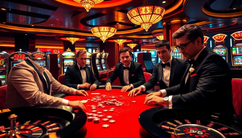 Engaging players strategizing at a sbobet poker table in a luxurious casino atmosphere.