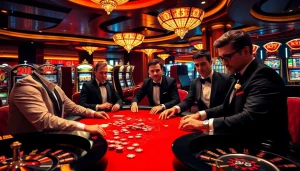 Engaging players strategizing at a sbobet poker table in a luxurious casino atmosphere.