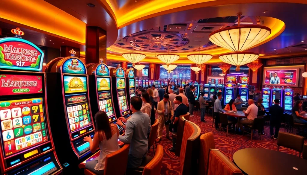 Excited players engaging with the slot demo Mahjong at vibrant casino machines, showcasing thrilling gambling action.