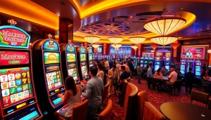 Excited players engaging with the slot demo Mahjong at vibrant casino machines, showcasing thrilling gambling action.