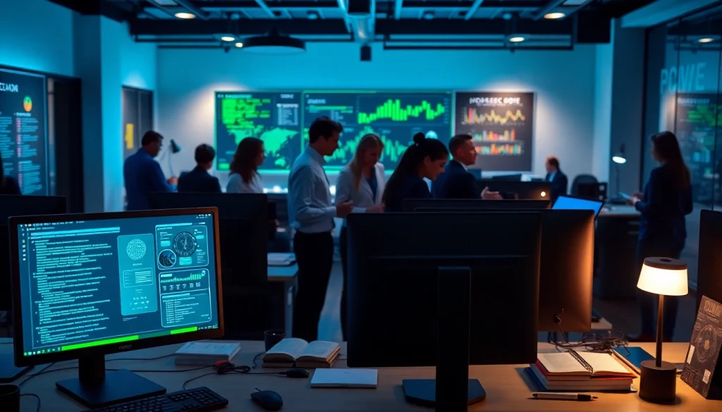 Infosec professionals collaborating in a modern office, emphasizing cybersecurity innovation.