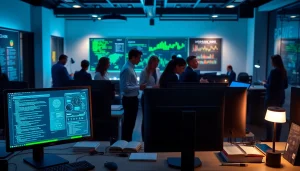 Infosec professionals collaborating in a modern office, emphasizing cybersecurity innovation.