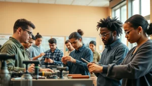 Students learning technical skills actively at an abc trade school in a hands-on environment.
