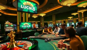 Người chơi LUCK8 đang tận hưởng bầu không khí casino đầy phấn khích với những máy slot sôi động và một bánh xe Roulette.