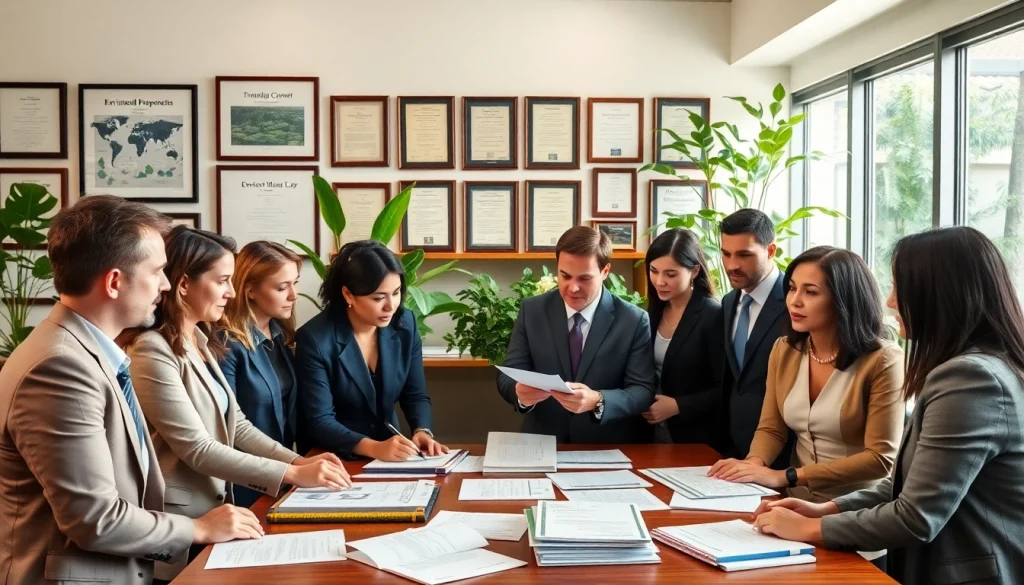 Lawyers at an environmental law firm discussing crucial legal matters in a professional setting.