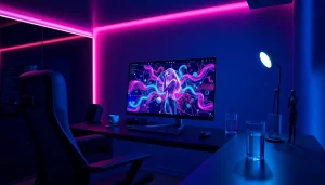 Engaging NSFW AI workspace featuring a high-tech setup with vibrant digital artwork.