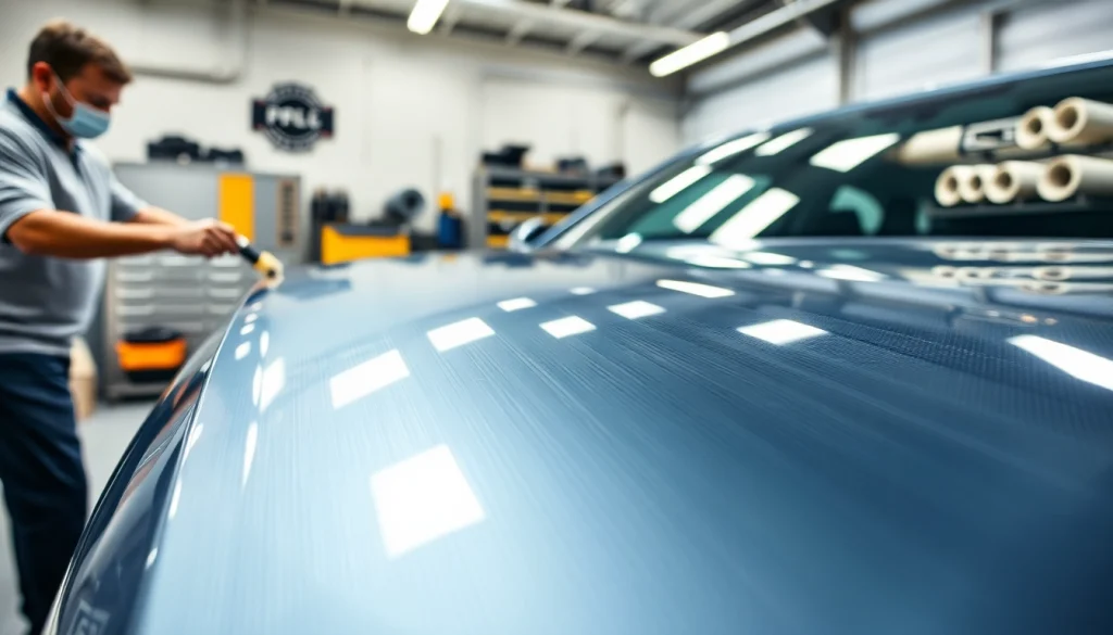 Apply PPF Chattanooga expertly on a car, showcasing a technician at work in a modern workshop.