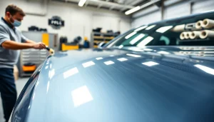 Apply PPF Chattanooga expertly on a car, showcasing a technician at work in a modern workshop.