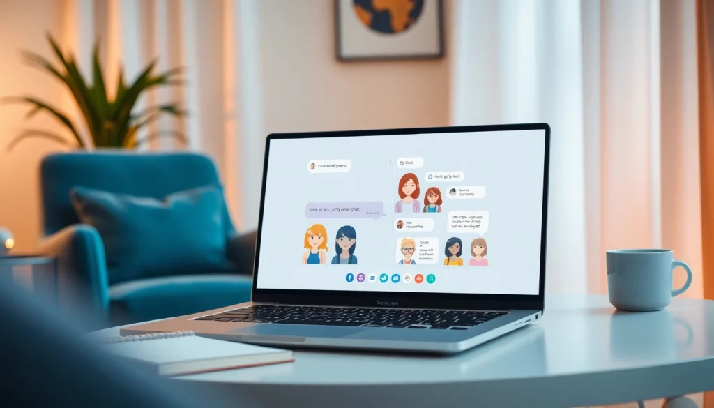 Interactive NSFW character AI chat application displayed on a laptop screen, showcasing colorful characters and custom chat features.