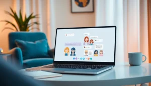 Interactive NSFW character AI chat application displayed on a laptop screen, showcasing colorful characters and custom chat features.