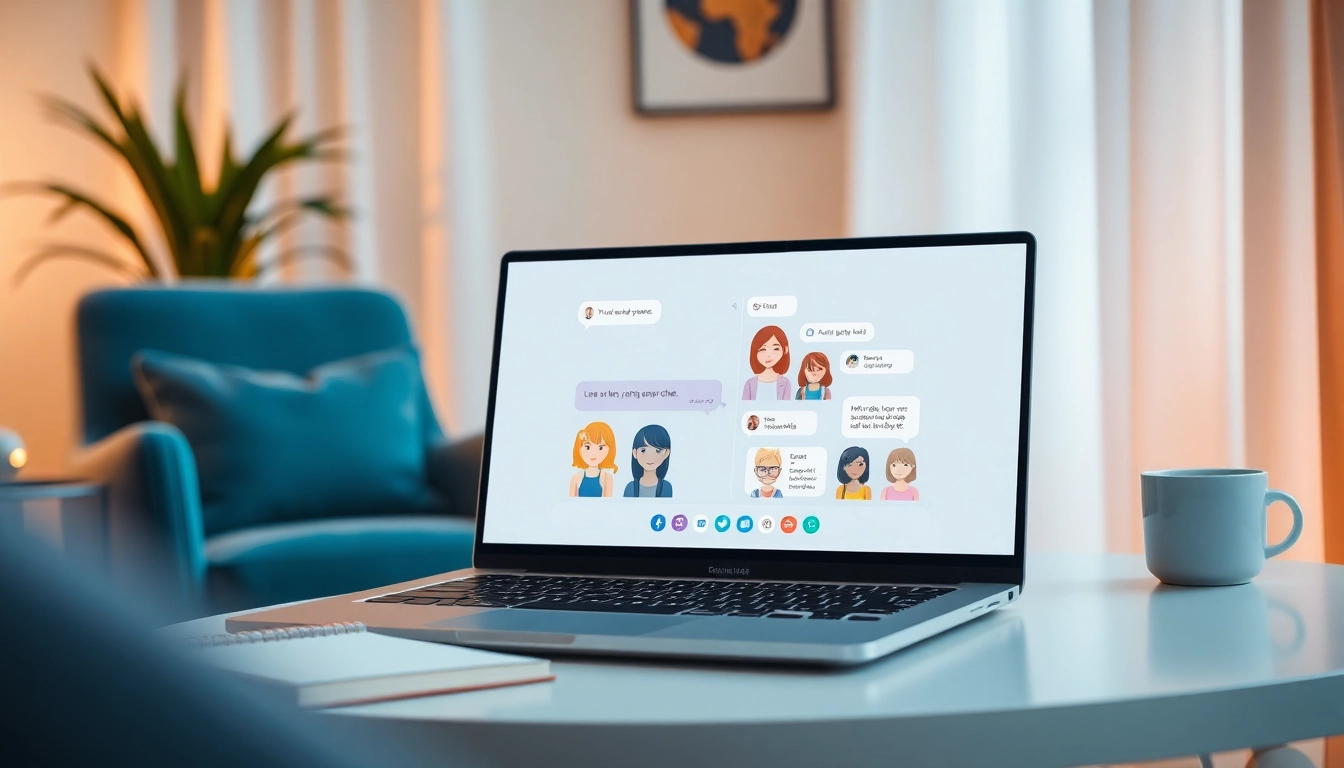 Interactive NSFW character AI chat application displayed on a laptop screen, showcasing colorful characters and custom chat features.