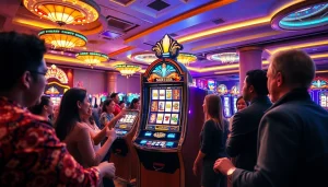 A group of enthusiastic players celebrating wins at the colorful slot machine in a luxury casino.