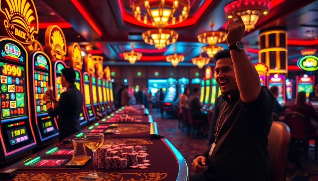 Winning on slot online hari ini with vibrant machines and excited players in a luxurious casino.