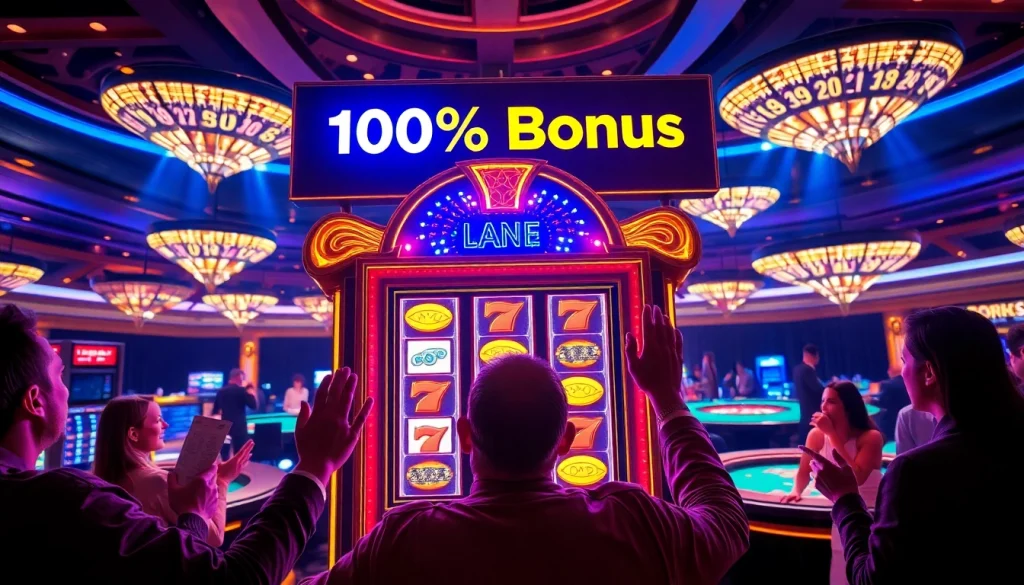 Pemain yang antusias meraih kemenangan dengan bonus slot 100% di kasino mewah.