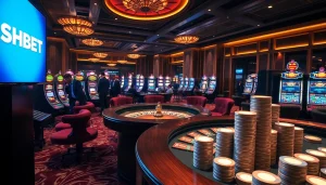 Engaging gameplay at SHBET casino with vibrant roulette and slot machines.