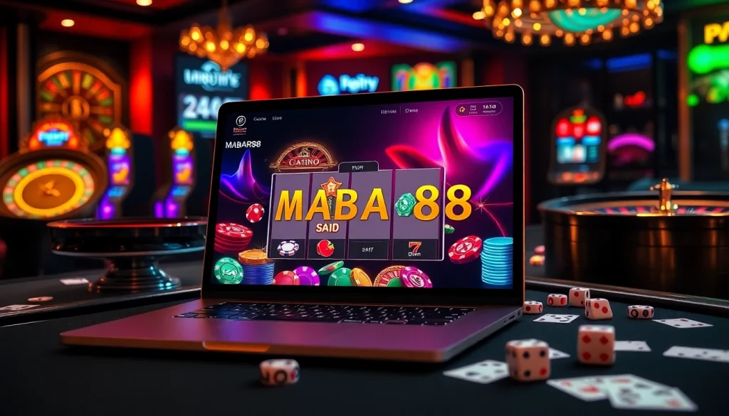 Adegan kasino online MABAR88 yang mendebarkan menampilkan mesin slot berwarna-warni dan chip poker.