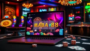 Adegan kasino online MABAR88 yang mendebarkan menampilkan mesin slot berwarna-warni dan chip poker.