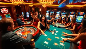 Joueurs célébrant des gains dans un casino en ligne Français avec des tables vibrantes et des machines à sous.