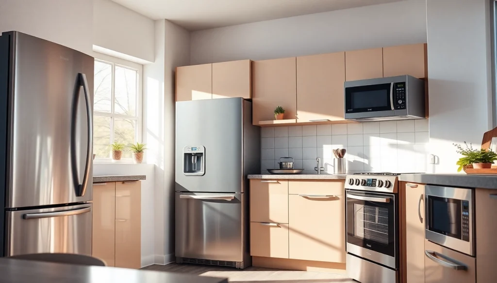 Showcase of modern home appliances in a bright kitchen setting.