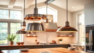 Stylish island light fixtures illuminate a modern kitchen, enhancing the inviting atmosphere.