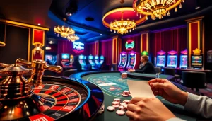 Le casino en ligne fiable vibrant présente une roue de roulette et des joueurs engagés à une table de poker.