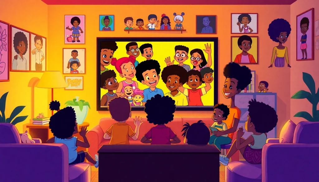 Diverse children enjoying African American cartoons together in a cozy living room.