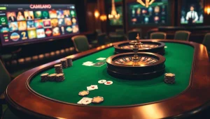 Vivez l'excitation du casino en ligne fiable avec des jetons de poker élégants et une roue de roulette numérique.