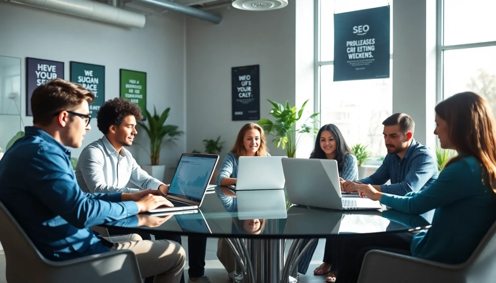 Analyze SEO performance metrics with a digital marketing team in a bright office setting.