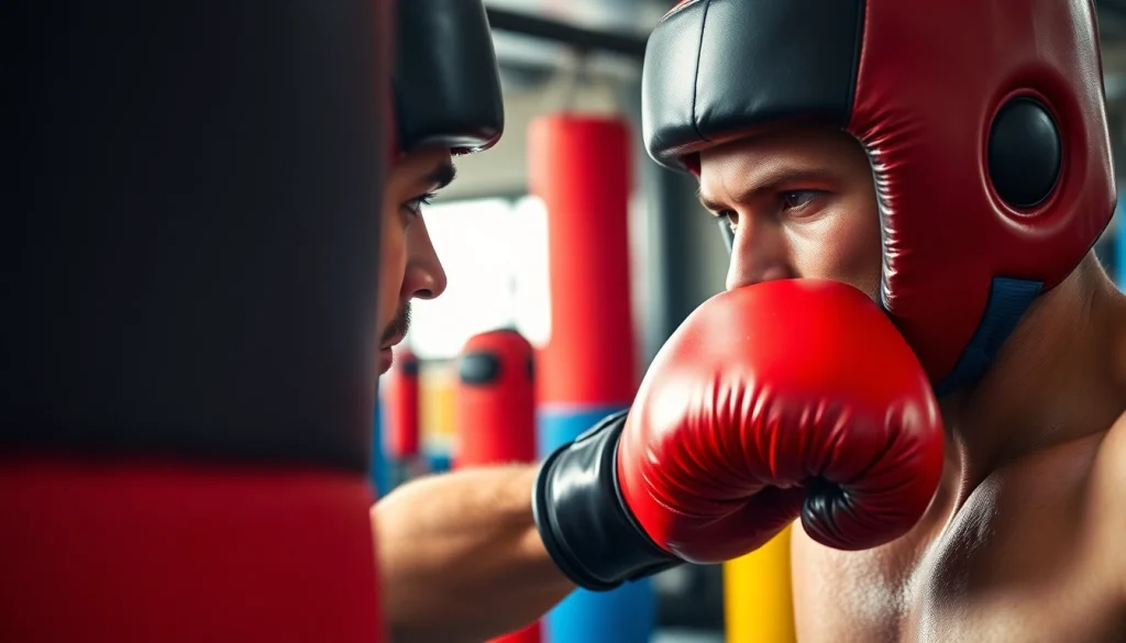 Mit Headgear Boxing kämpfender Athlet zeigt beeindruckende Technik im Training.