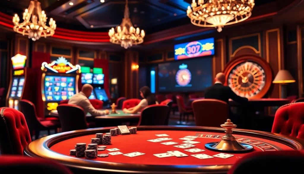 Scène engageante mettant en avant un casino en ligne fiable avec des joueurs de poker, des jetons, et des machines à sous vibrantes.