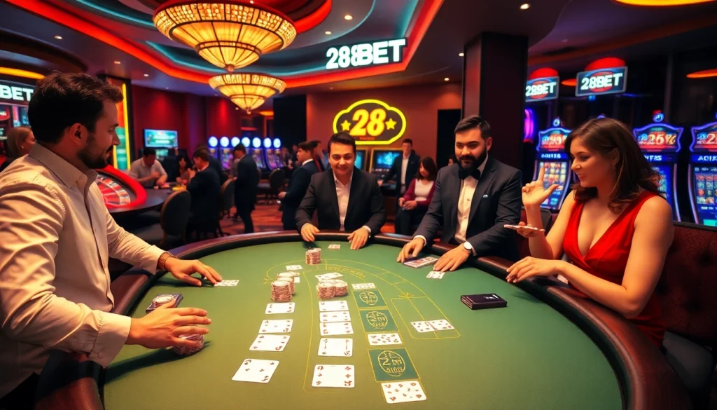 Experience thrilling blackjack action at 28BET with professional dealers and vibrant casino elements.
