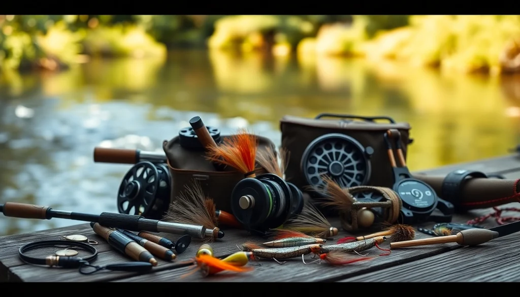 Enhance your fishing experience with various fly fishing accessories displayed by a serene river.