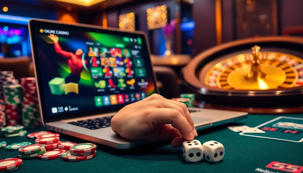 Vivez un moment palpitant dans un casino en ligne fiable, mettant en avant un ordinateur portable, des jetons de poker et une roulette.