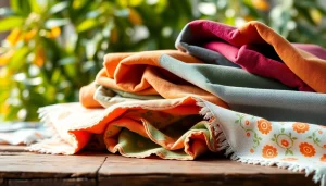 Katoen stoffen assortiment met kleurrijke patronen en zachte texturen op een rustieke tafel.