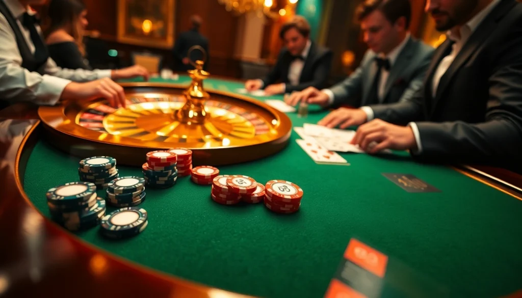 Scène captivante d'un casino en ligne fiable avec des jetons de poker et une roue de roulette pour un gameplay palpitant.