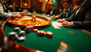 Scène captivante d'un casino en ligne fiable avec des jetons de poker et une roue de roulette pour un gameplay palpitant.