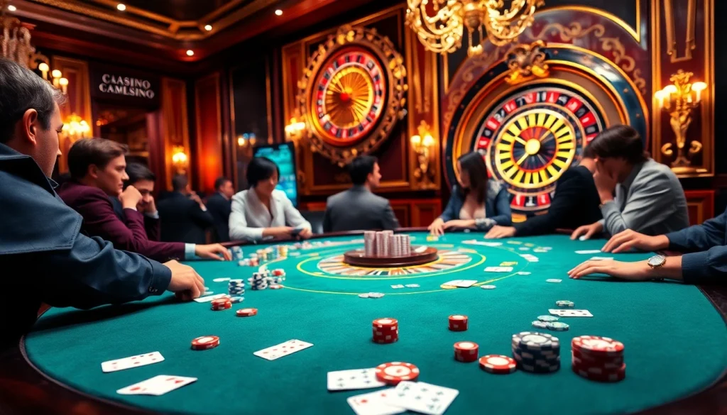 Scène excitante dans un casino en ligne fiable, mettant en avant des joueurs de poker et des éléments de jeu vibrants.