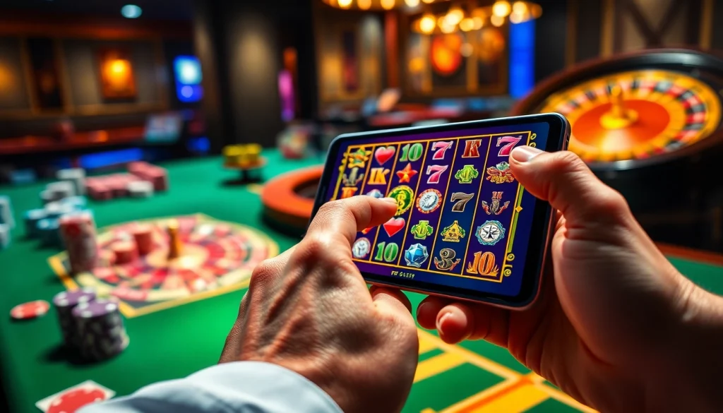Player enjoying a PG Soft online slot game on a mobile device amidst casino elements.