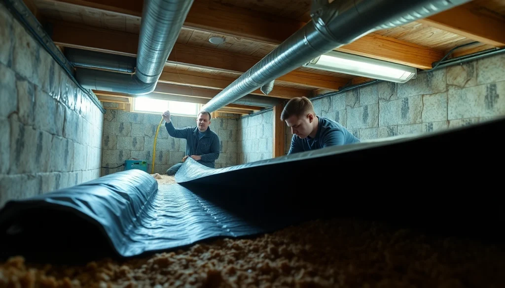 Vapor Barrier Installation process being executed by a technician in a residential crawl space.