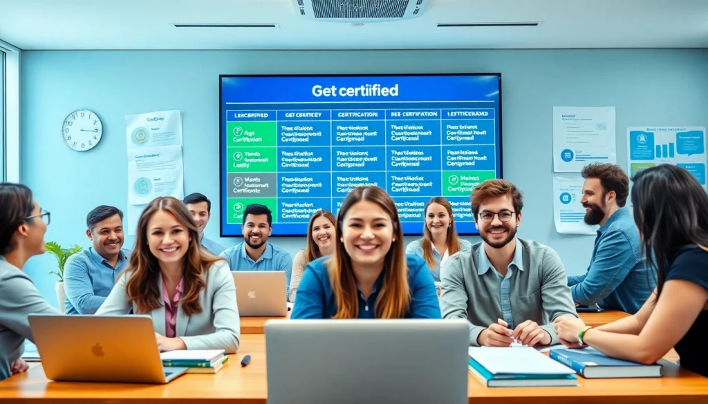 Engaged individuals exploring options to get certified in a professional classroom setting.